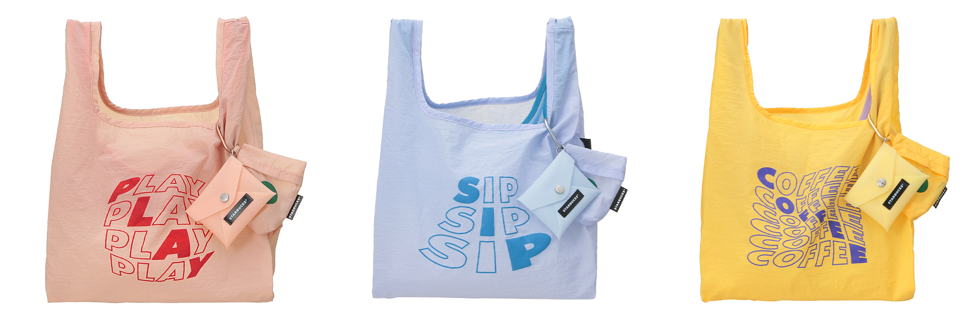 2層式TOGO ECOバッグ＆カードケース 左からレッド、ブルー、イエロー