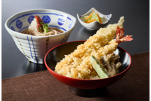 真あなごと大海老天丼と梅おろしそば（1860円）