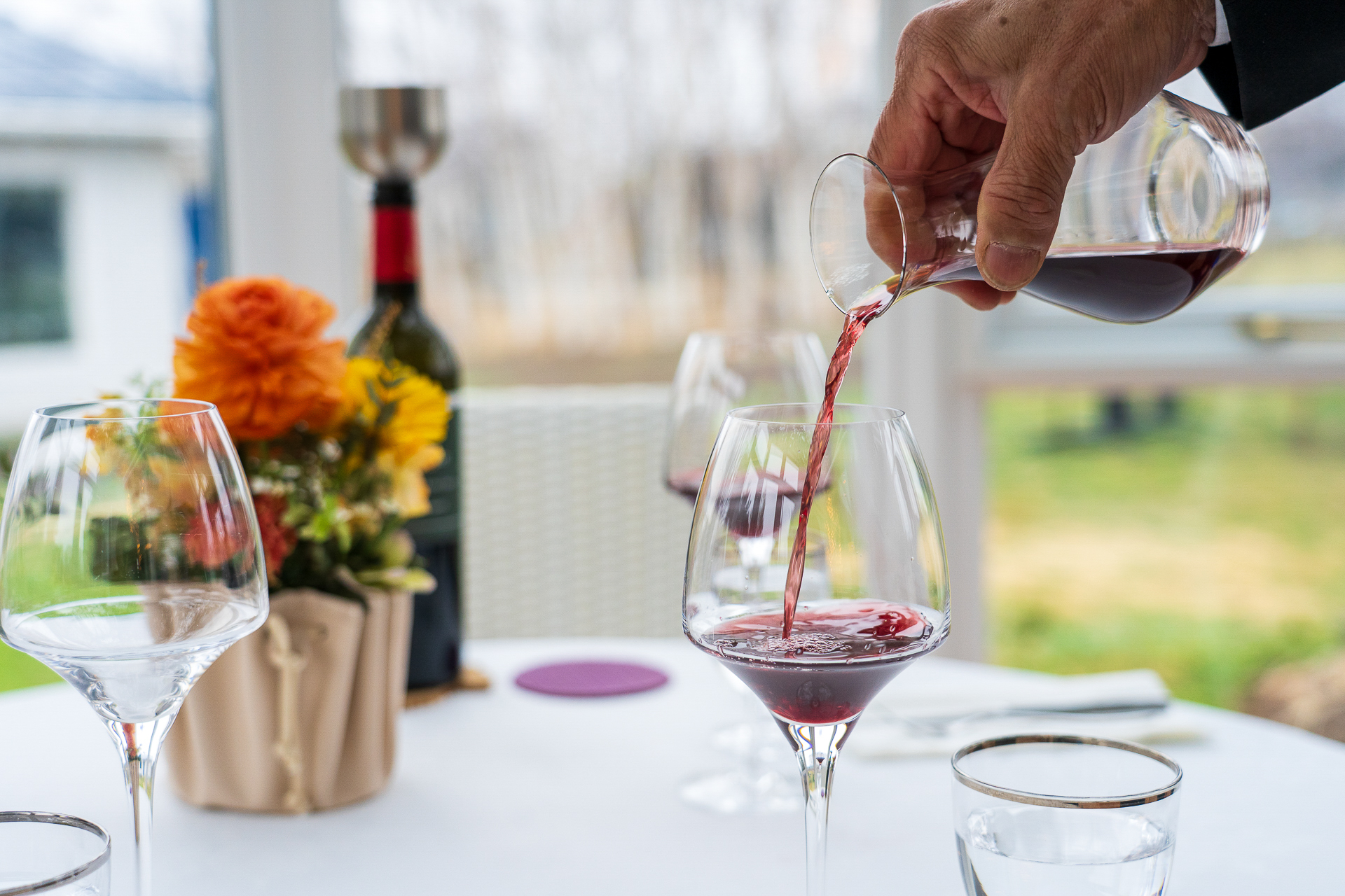 2杯目は英国製コンサバトリーで。地産地消のワインやチーズをいただきます