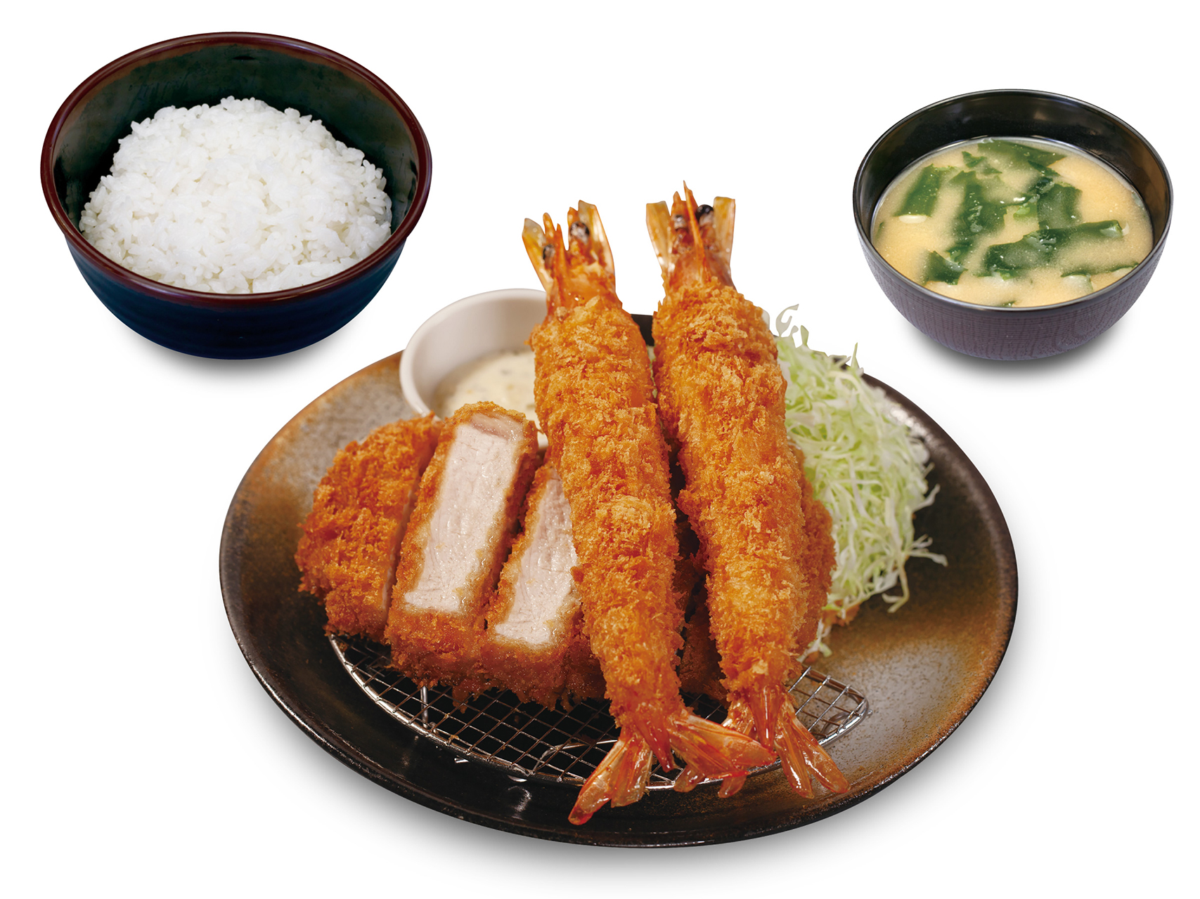 「厚切りロースかつ＆有頭大海老フライ（2尾）定食」（1950円）