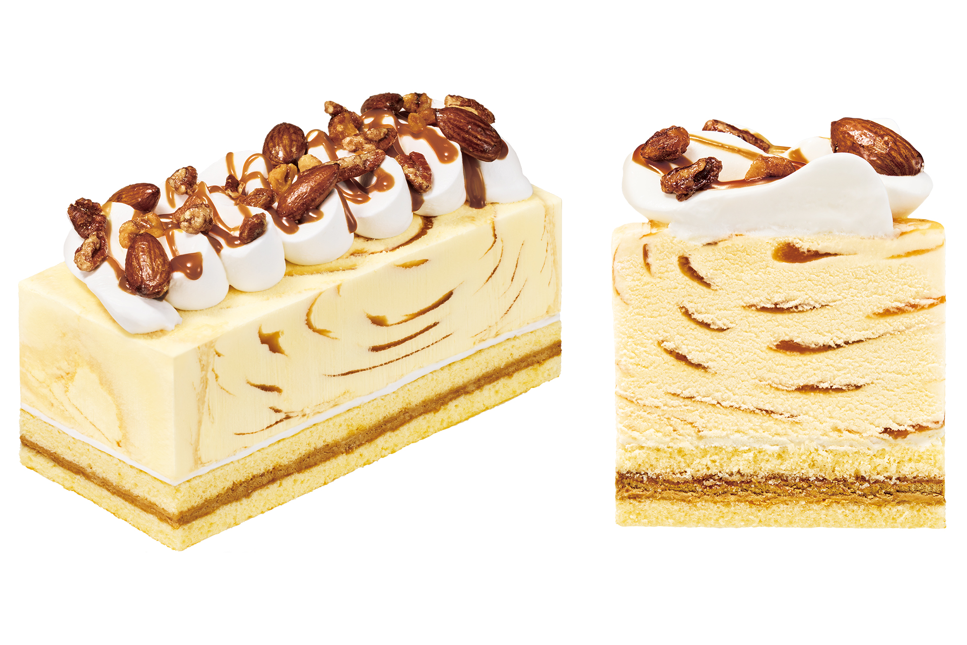 専用に開発したキャラメルケーキとキャラメルリボンのアイスを合わせ、ナッツをトッピング