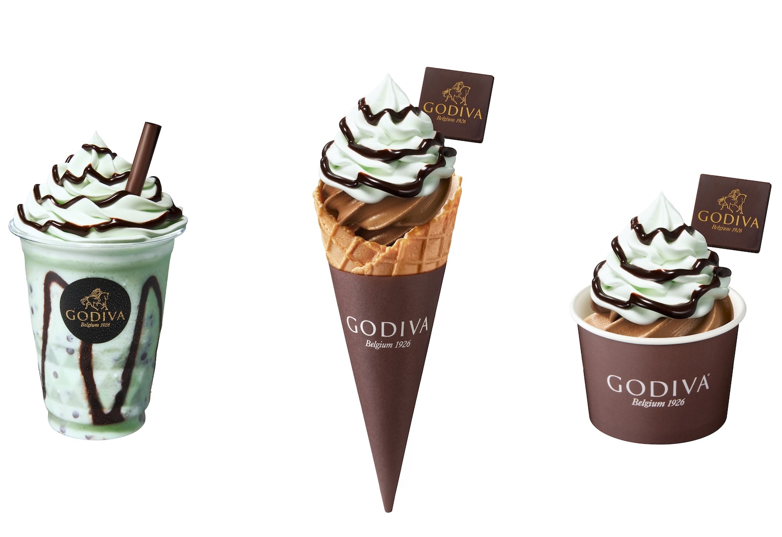 左から「チョコレート ミント ショコリキサー」「ソフトクリーム チョコレート ミント」のコーンとカップ