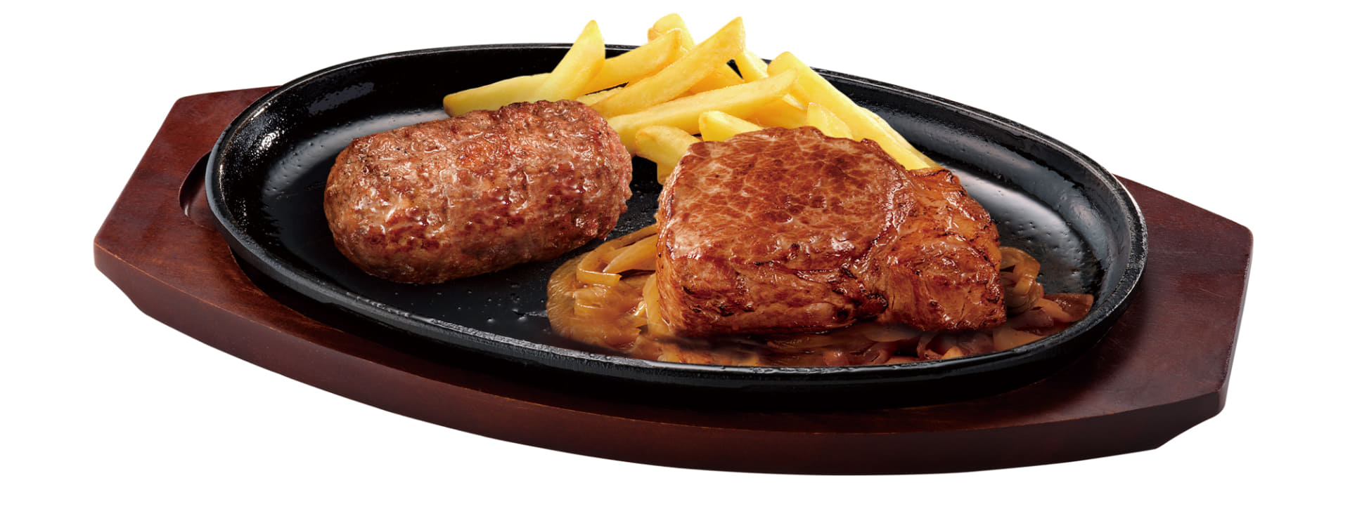 「炭焼きぶどう牛サーロインステーキ＆炭焼きがんこハンバーグ」（3168円）