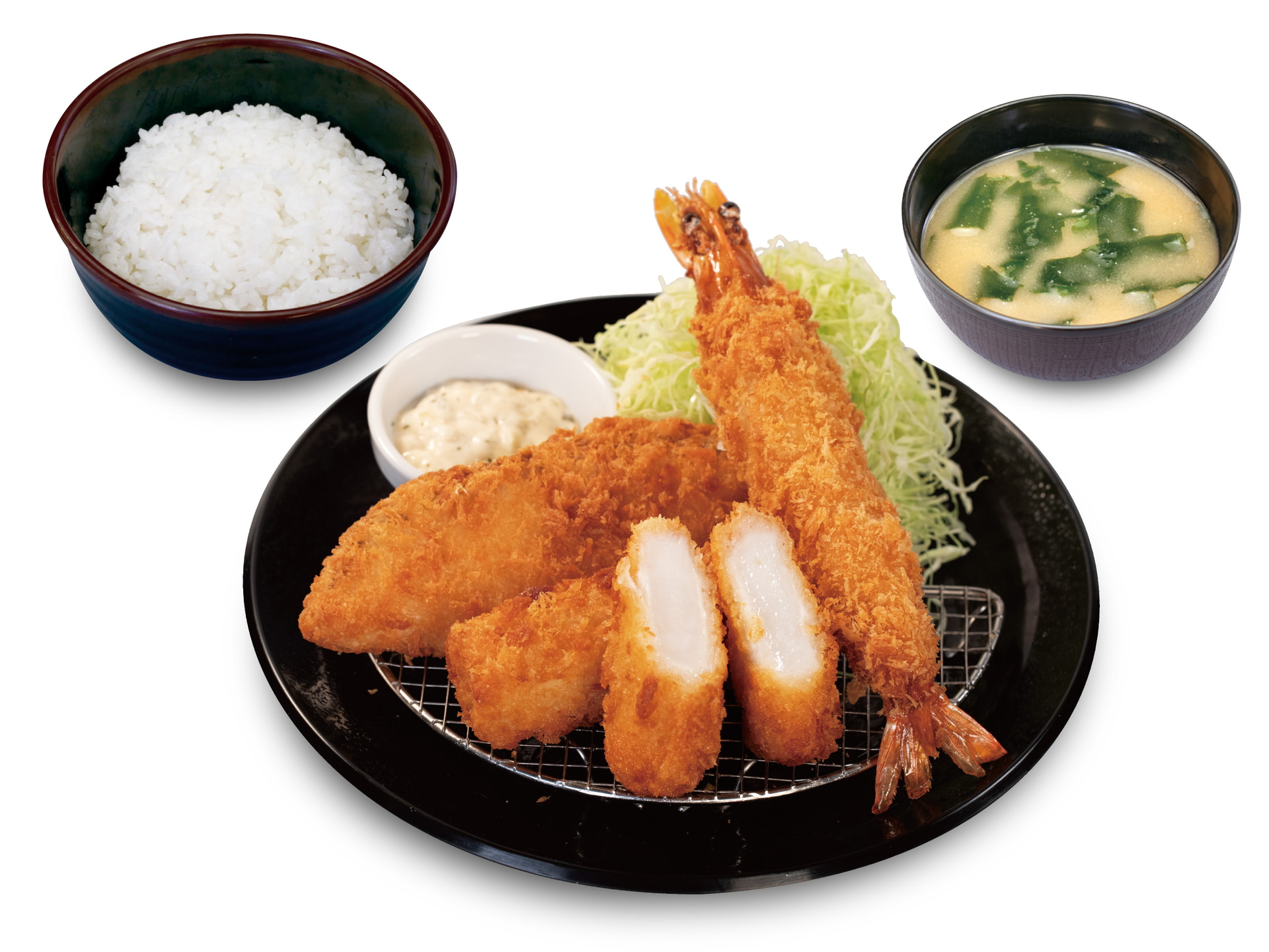 松のや「海鮮盛合せ定食（イカ・白身魚・有頭大海老）」（1390円）