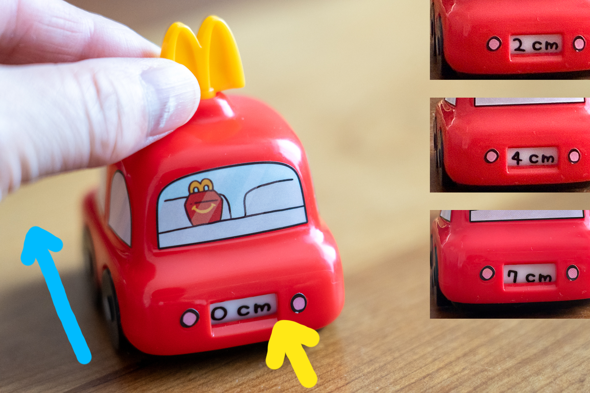 車を動かすと後ろの窓に距離が1cmごとに表示されて10cmまで測ることができる