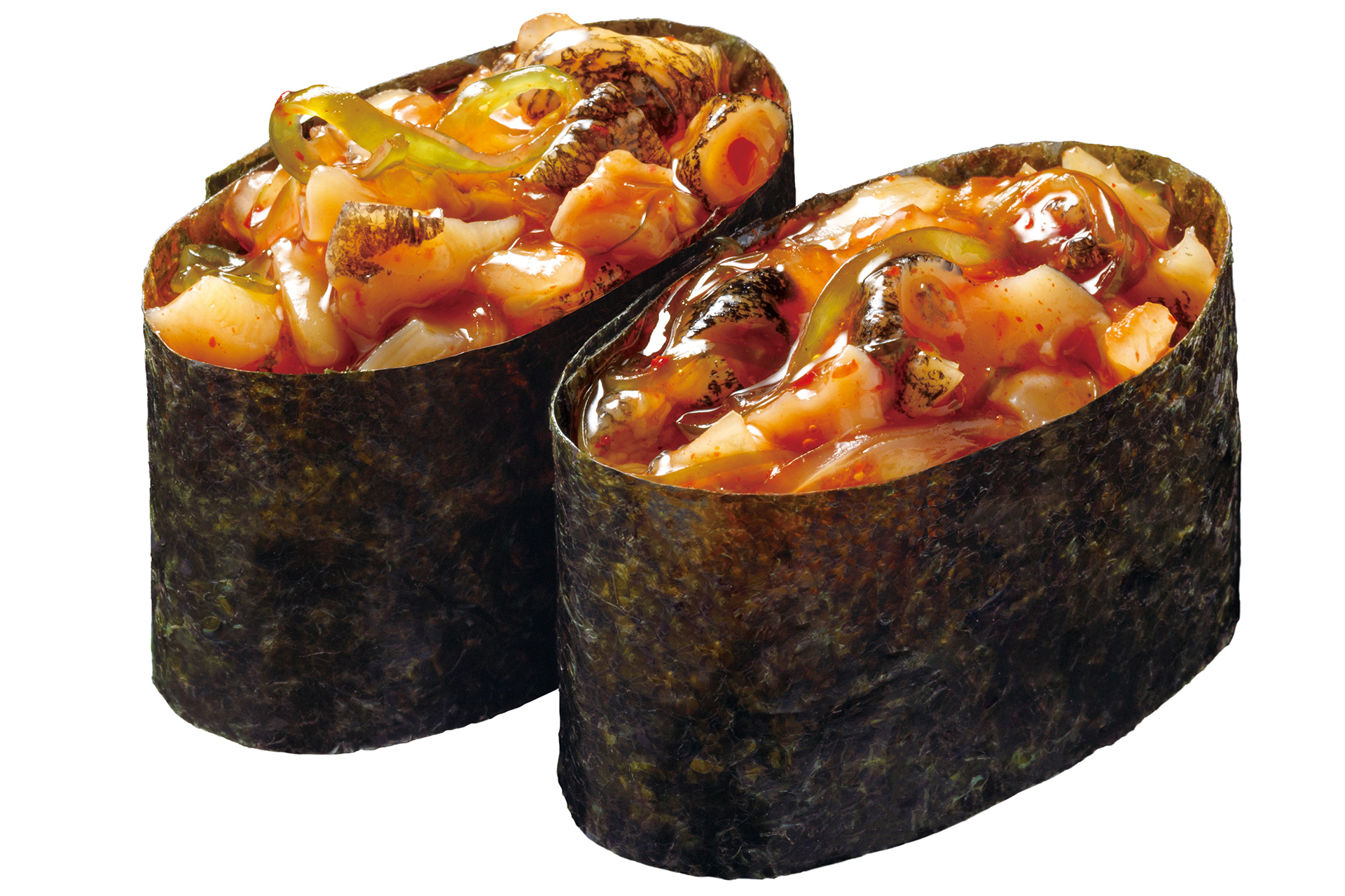 「北海道産つぶ貝のキムチ和え軍艦」（110円）