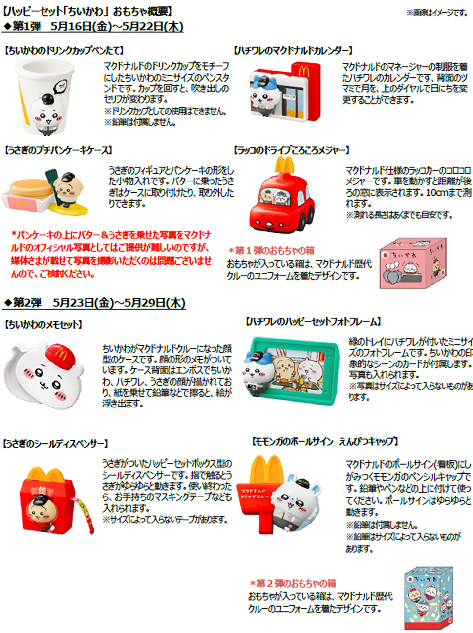 ハッピーセット「ちいかわ」のおもちゃラインアップ