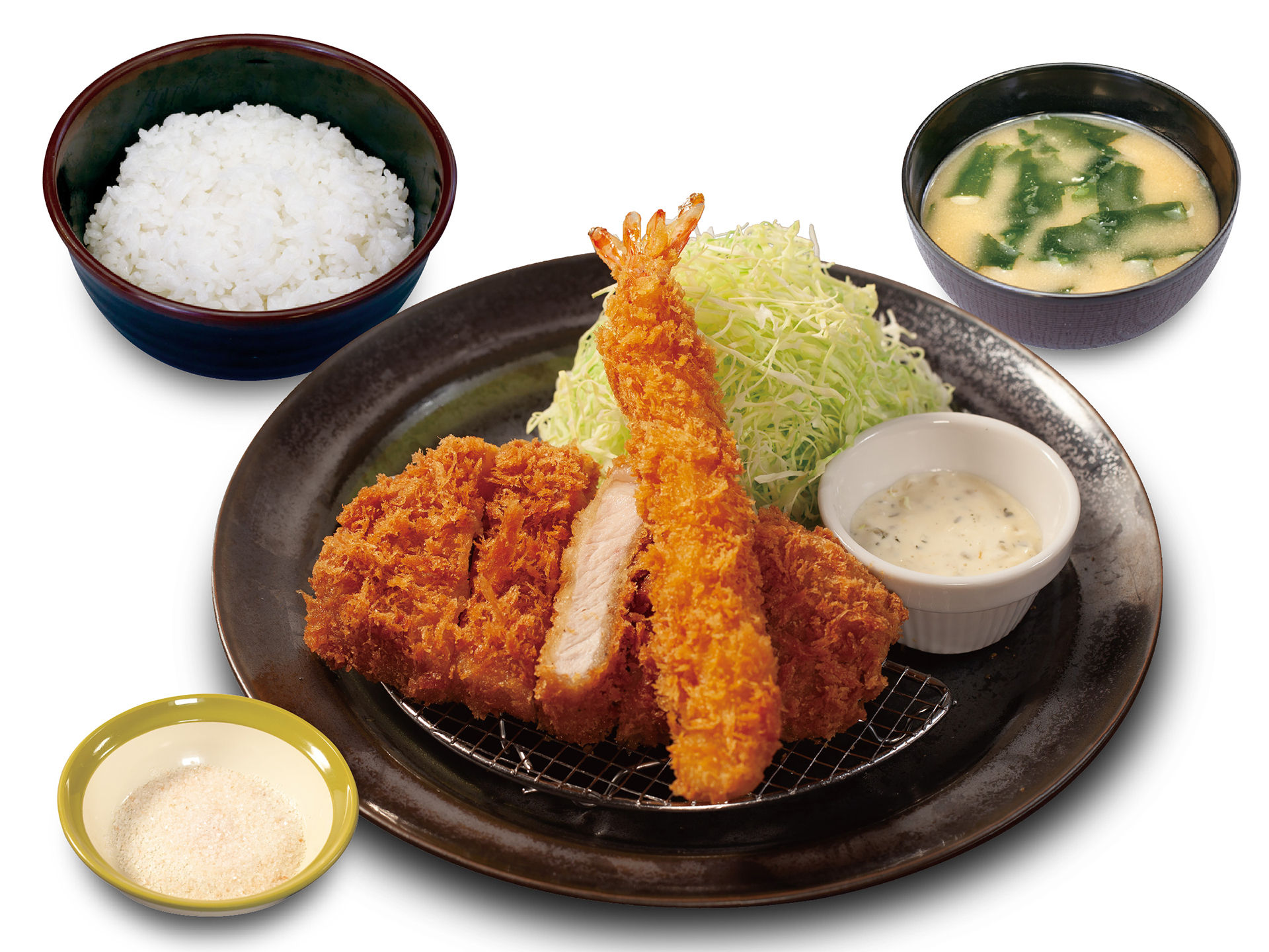 「国産雪国育ちロースかつ＆海老フライ1尾定食」（1260円）