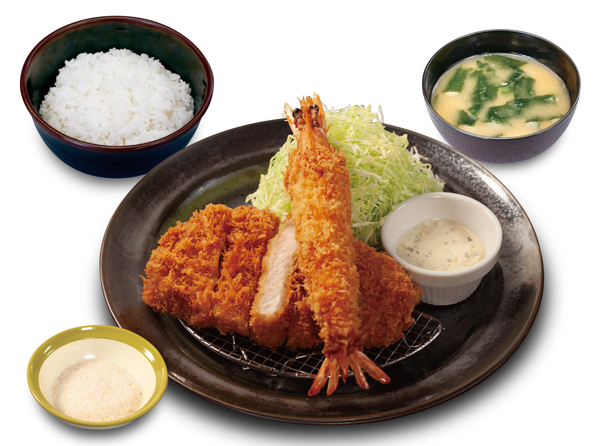 「国産雪国育ちロースかつ＆有頭海老フライ1尾定食」（1460円）