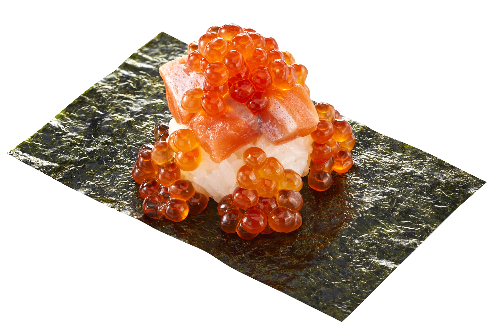 「こぼしいくらサーモンぶつ包み（1貫）」（260円～）