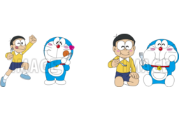 「なつかしのナポリタン味焼そば」のイラストはペロリと舌をだす2人（左）、「なつかしの黄色いカレーヌードル」のイラストはもぐもぐしながらニッコリしている2人（右）