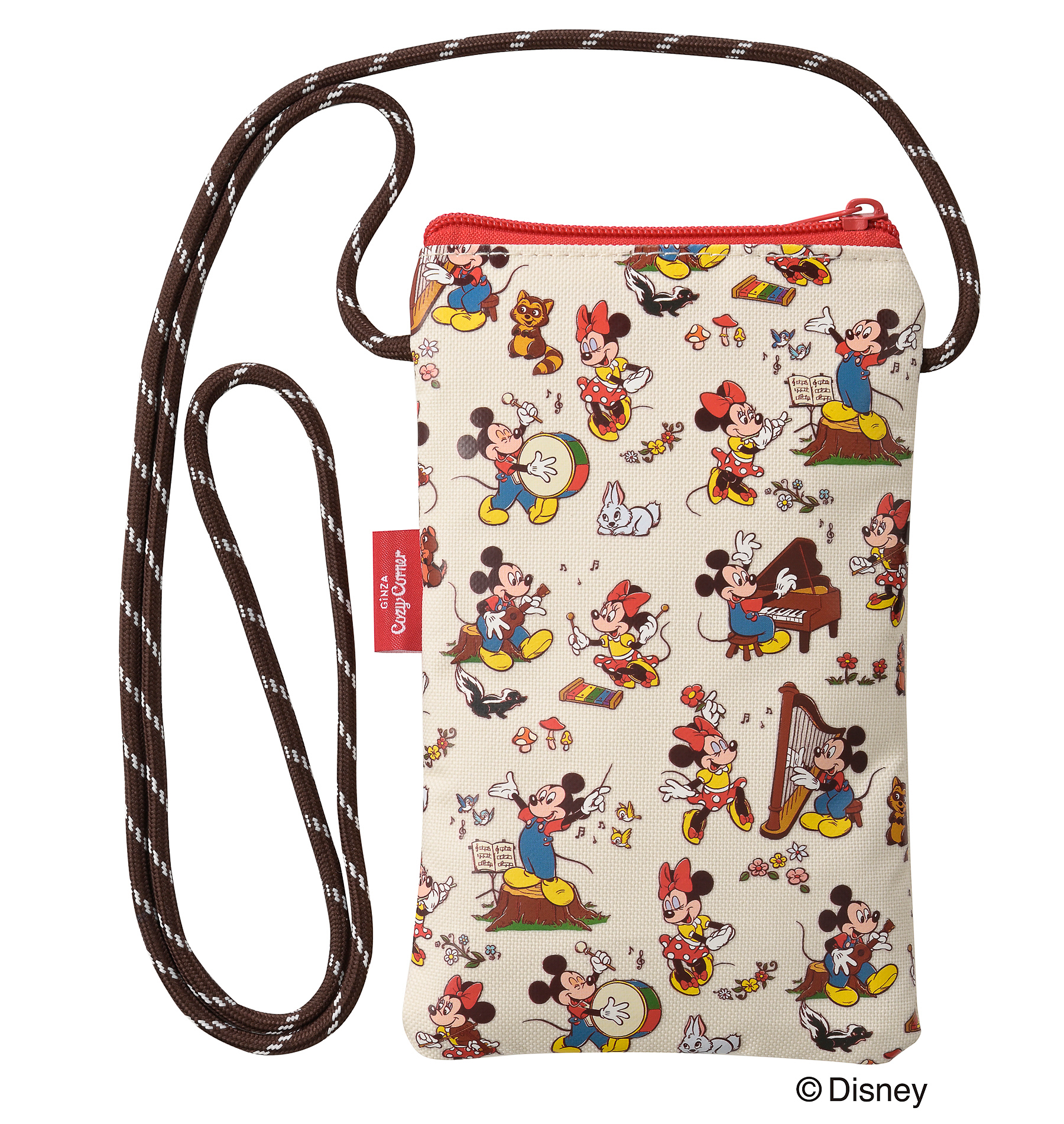 ハピネスサコッシュの裏面にも森の動物たちと演奏を楽しむミッキーマウスとミニーマウスをデザイン