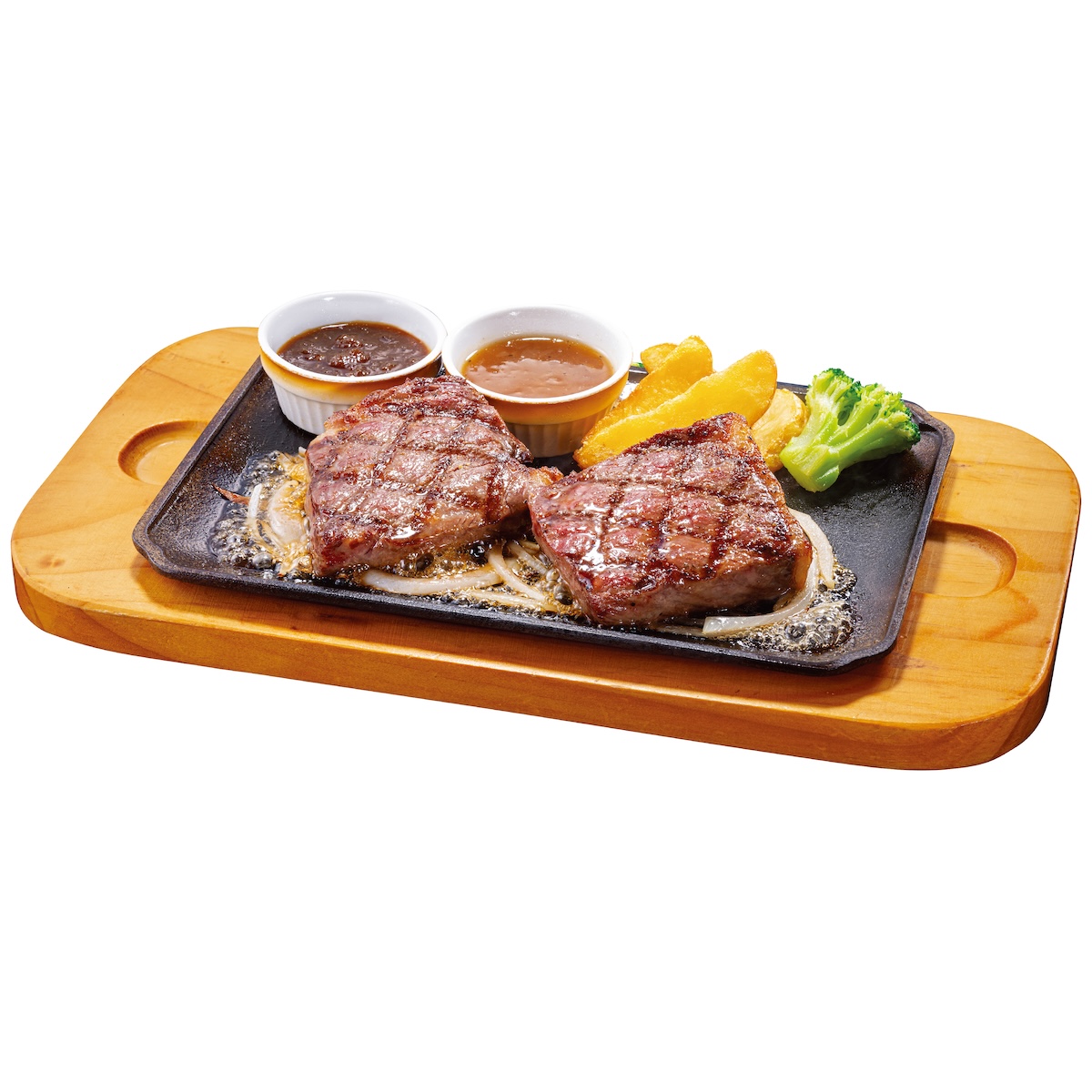 「国産牛サーロイン（80g）＆大俵ハンバーグ」。写真は200g