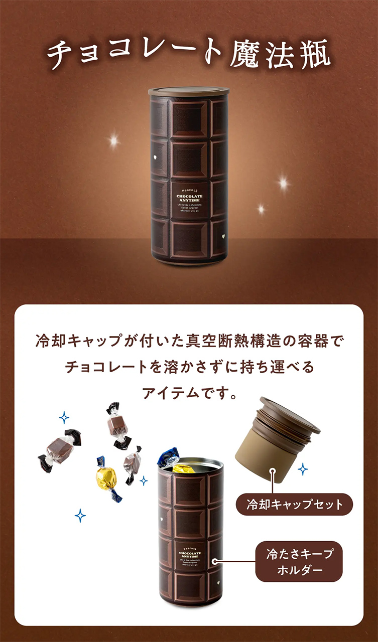真空断熱構造の容器と冷却キャップによってチョコレートが溶けない温度をキープ
