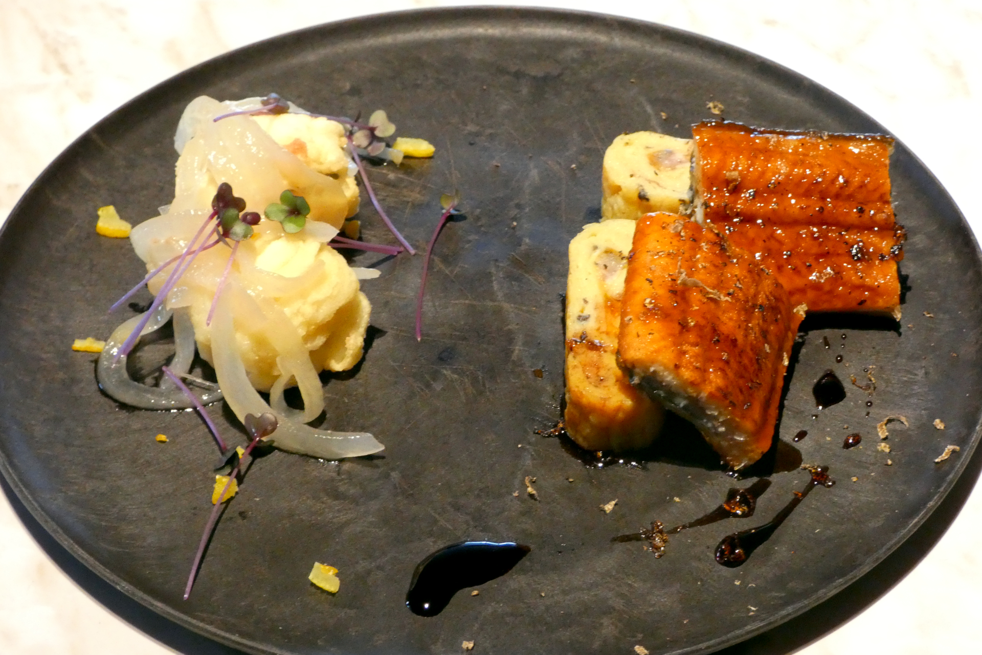 鱧フリット柚子カルピオーネ トリュフ鰻巻きと鰻蒲焼き（PAIRING COUNTER COURSE ～夏～）