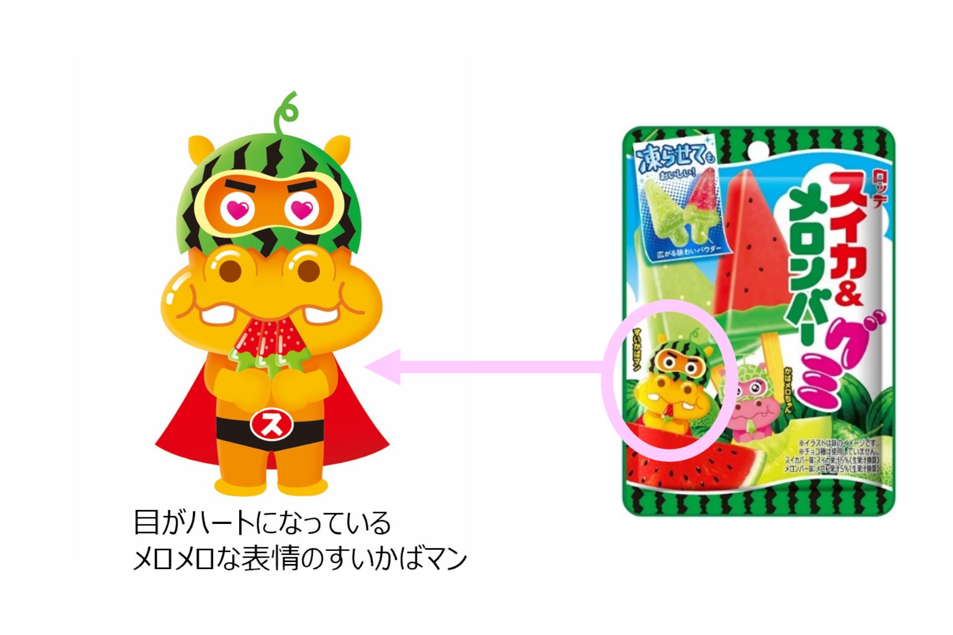 「すいかばマン」と「かばメロちゃん」がメロメロな表情の特別デザインも