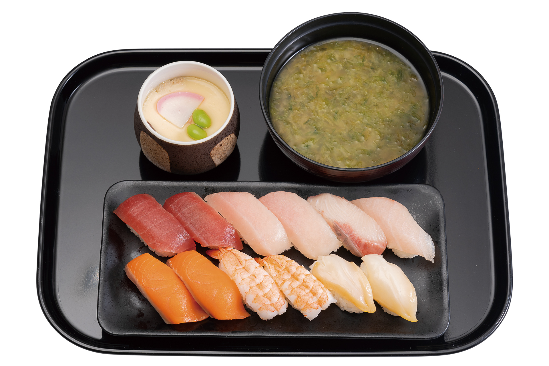 「にぎり12貫人気ネタ尽くし・茶碗蒸し・あおさの味噌汁セット」（1220円～）