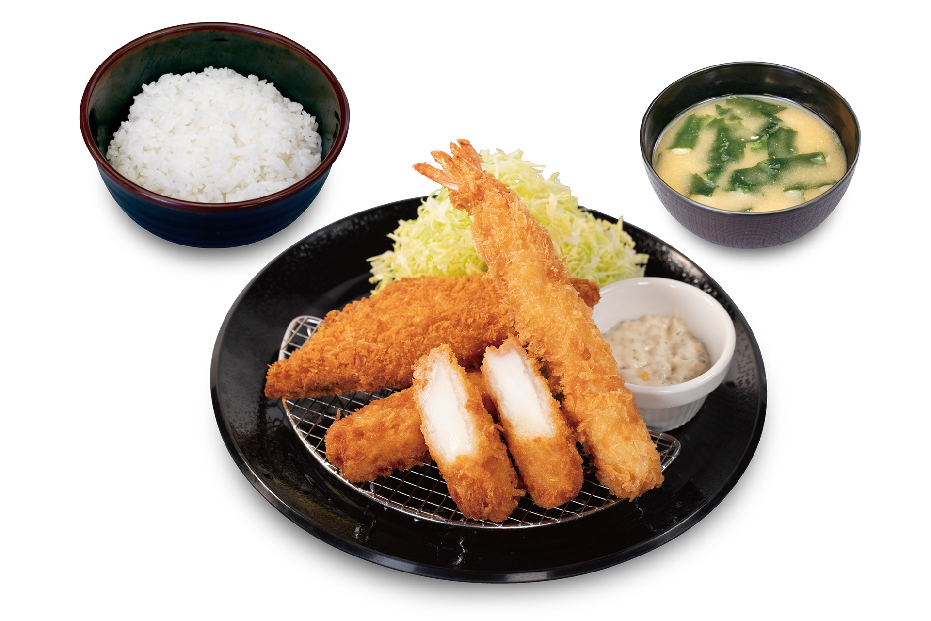 「海鮮盛合せ定食（イカ・サーモンフライ・海老）」（1190円）