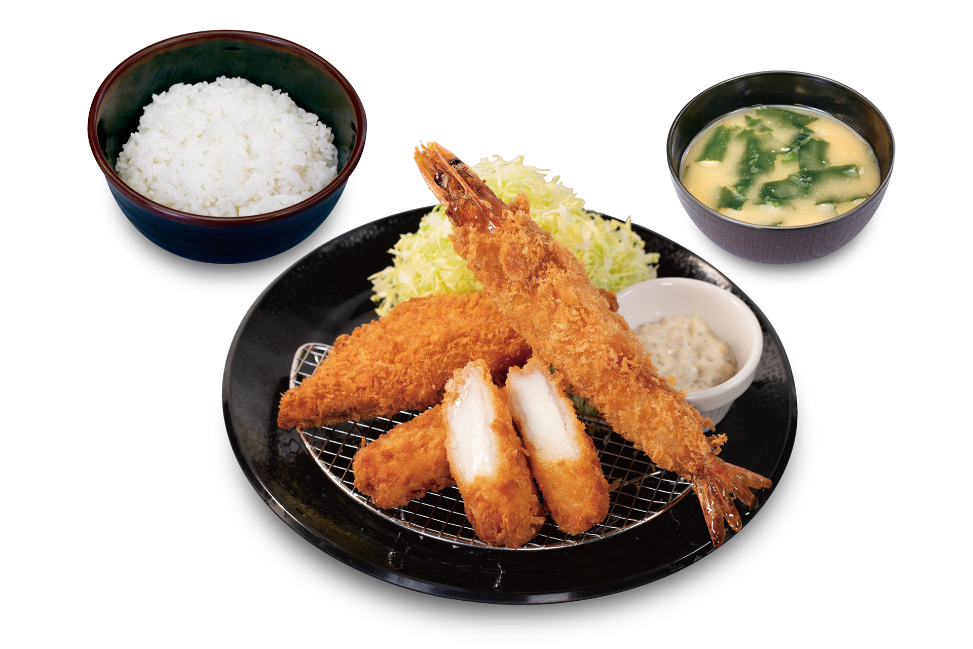 「海鮮盛合せ定食（イカ・サーモンフライ・有頭大海老）」（1390円）