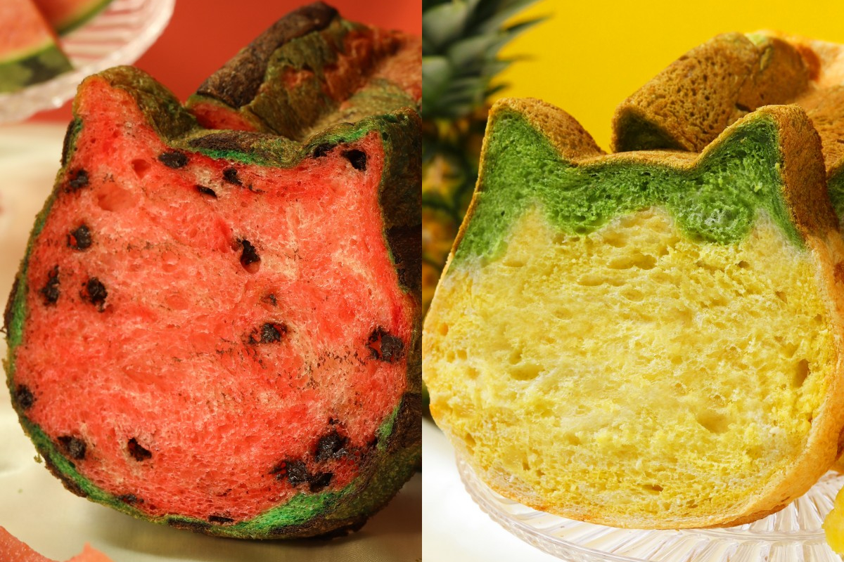 「ねこねこ食パン パイにゃっプル」（右）と「ねこねこ食パン スイカ」（左）