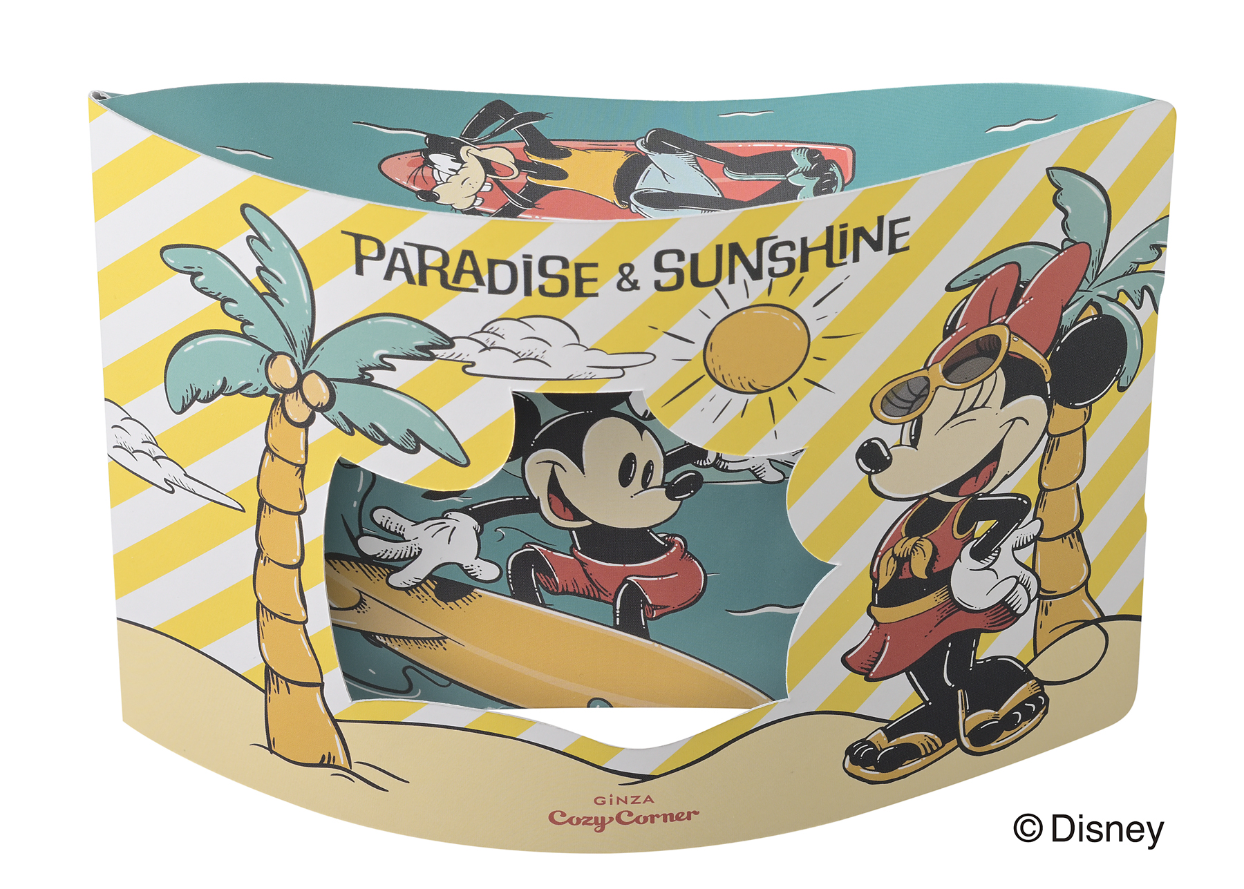 正面の窓からサーフィンをする「ミッキー」が見えるフォトフレームのようなデザインのBOX