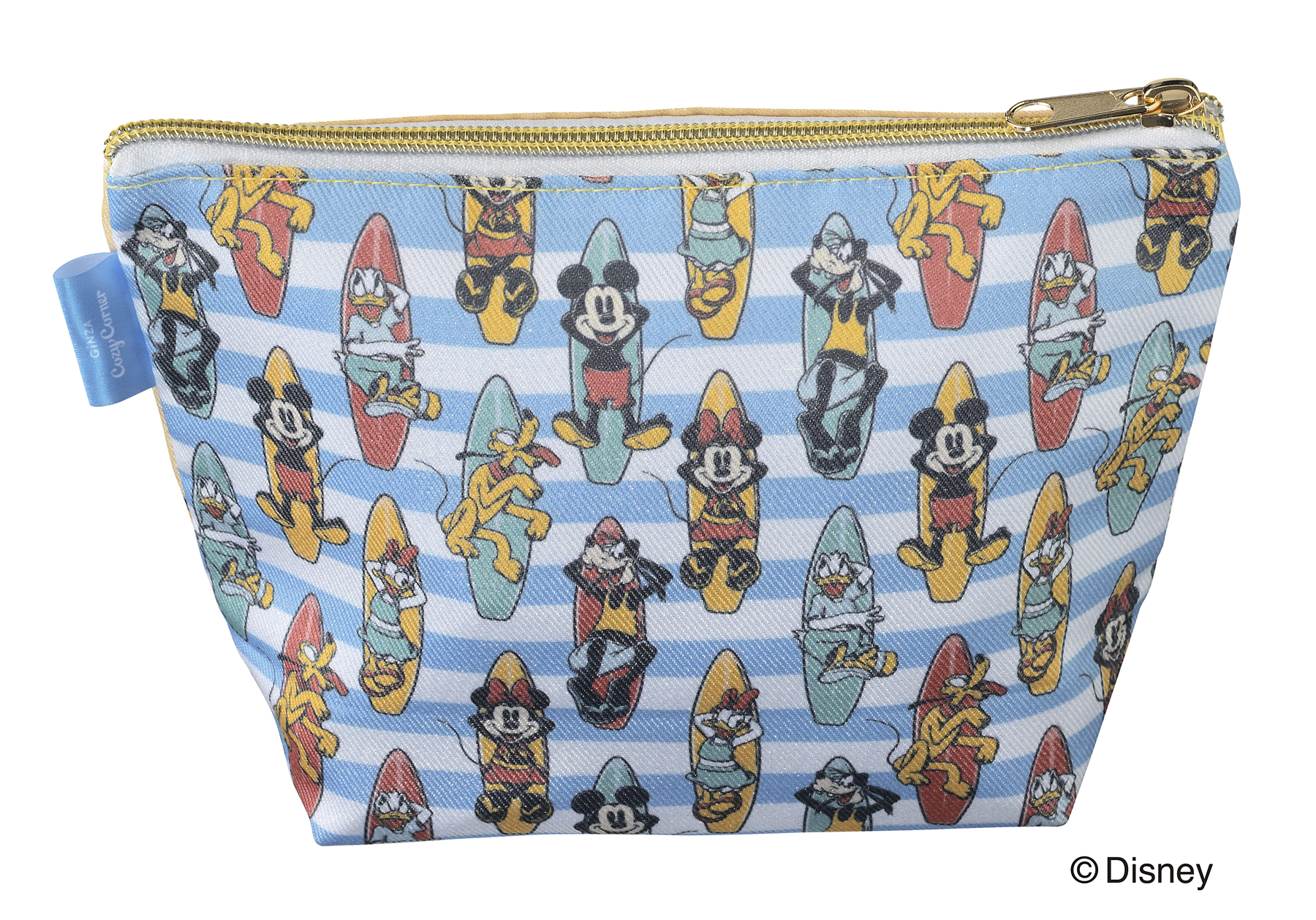 「ミッキー」たちがサーフボードに乗って海に浮かんでいる様子をデザインしたポーチ裏面