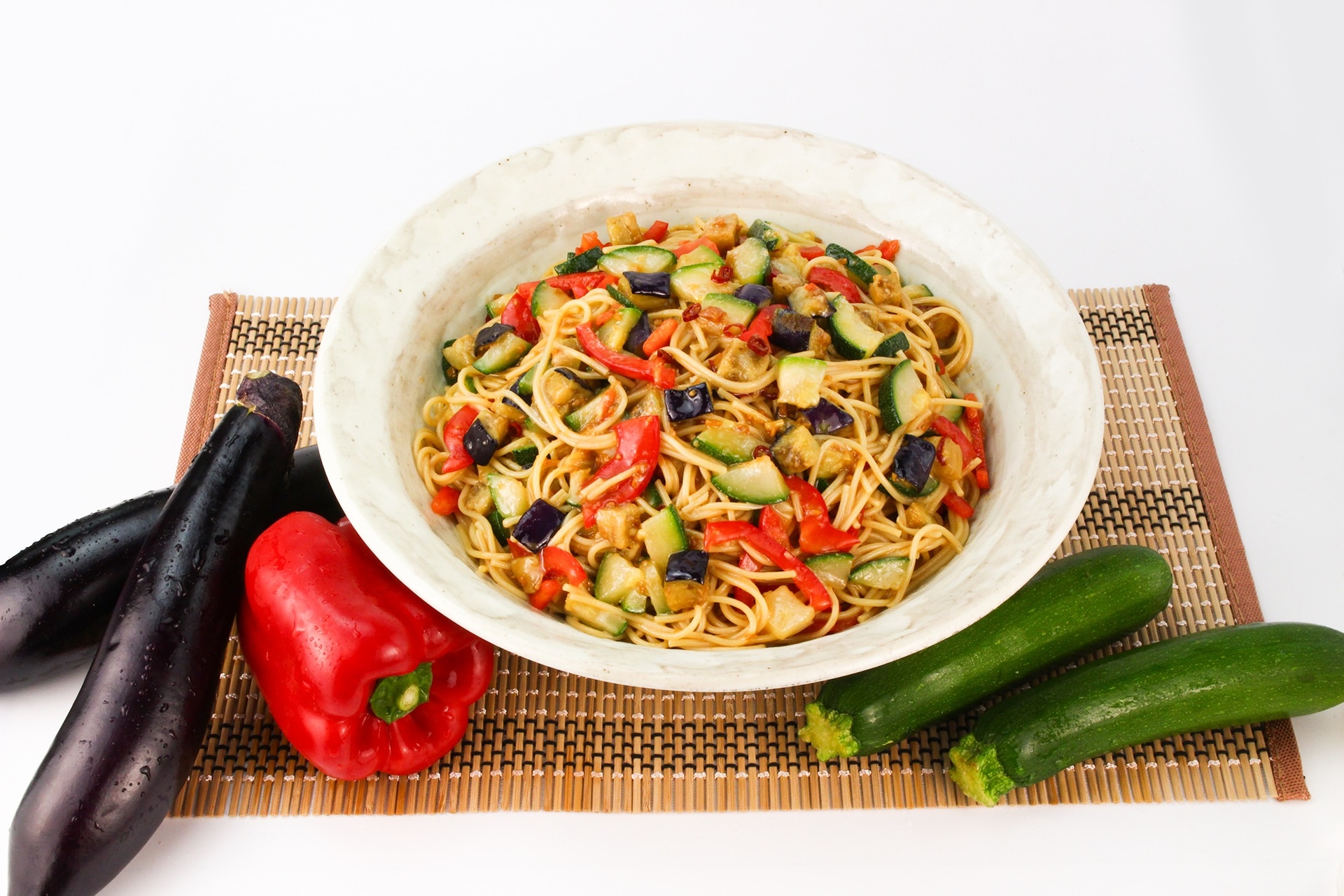 「夏野菜の焦がし醤油ペペロンチーノ」