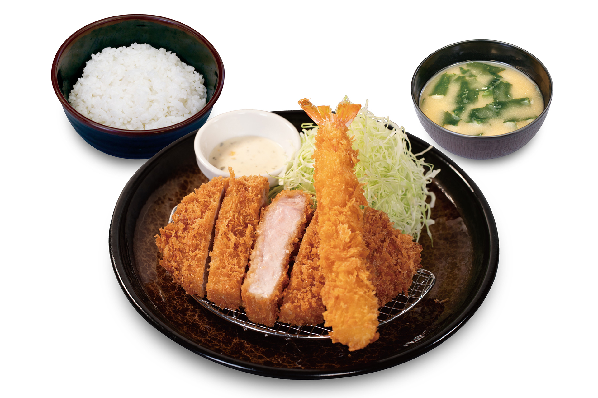 “大麦豚”厚切りロースかつ＆海老フライ1尾定食（1300円）