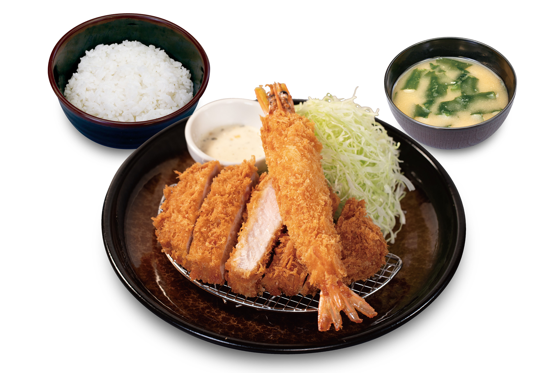 “大麦豚”厚切りロースかつ＆有頭大海老フライ1尾定食（1500円）