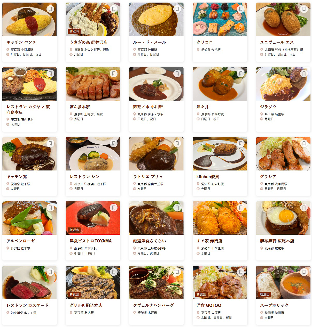 「食べログ 洋食 EAST 百名店」に選ばれた100店