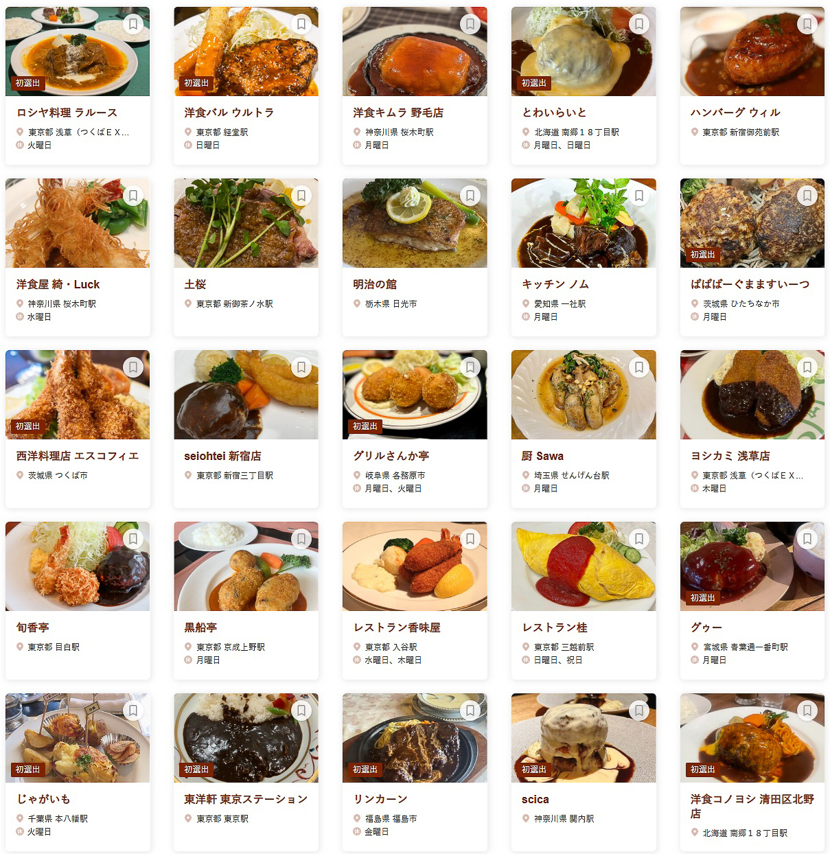 「食べログ 洋食 EAST 百名店」に選ばれた100店