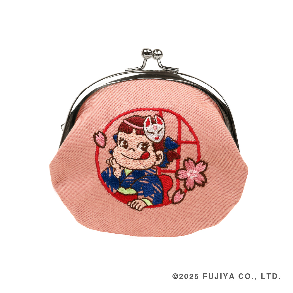 「ペコちゃん刺繍がま口狐面ピンク」（2860円 ）