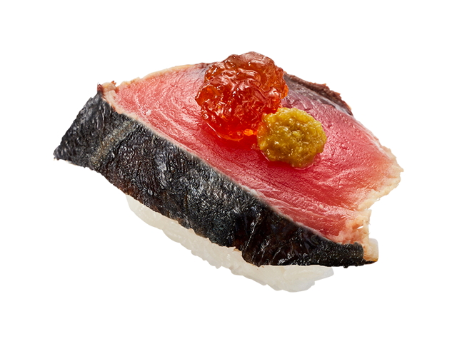 「鹿児島県指宿市産 厚切り 炭焼きかつおたたきポン酢ジュレのせ 柚子胡椒付き」（1貫 110円～）