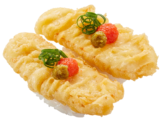 「とり天にぎり かねふく明太子のせ」（2貫 290円～）