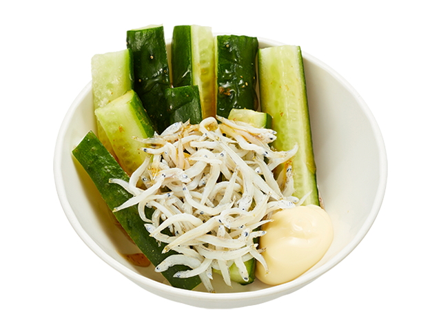 「きゅうり 醤油ドレッシングマヨ～宮崎県産 釜揚げしらす盛り～」（210円～）