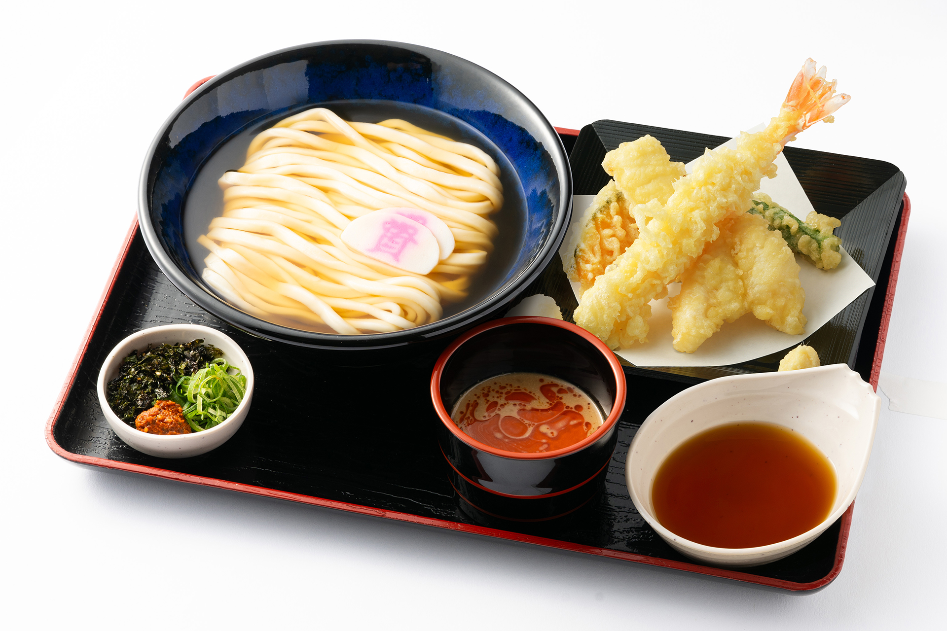 ちょい辛胡麻つけうどんと大海老天ぷら盛り（1030円）