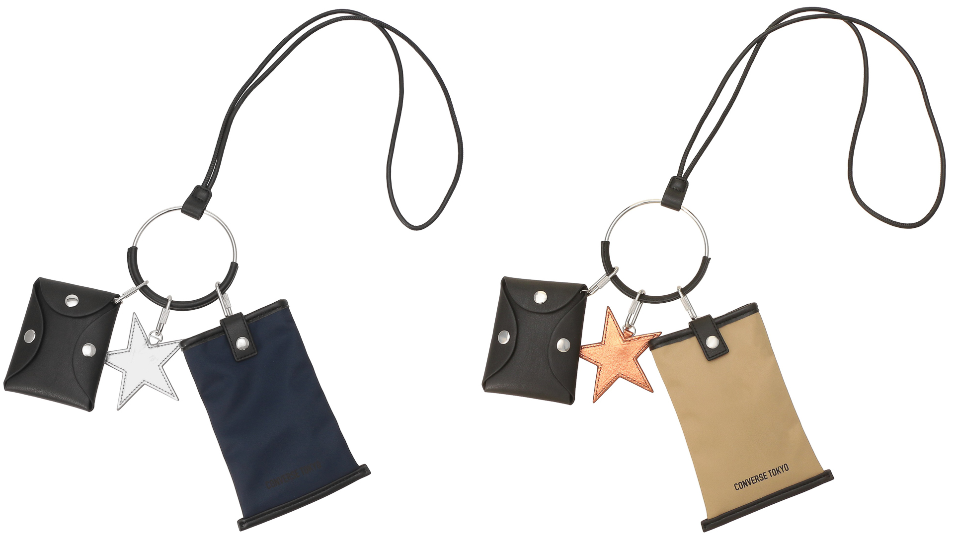 「CONVERSE TOKYO マルチリングバッグ ネイビー/ベージュ」（各1万5000円）