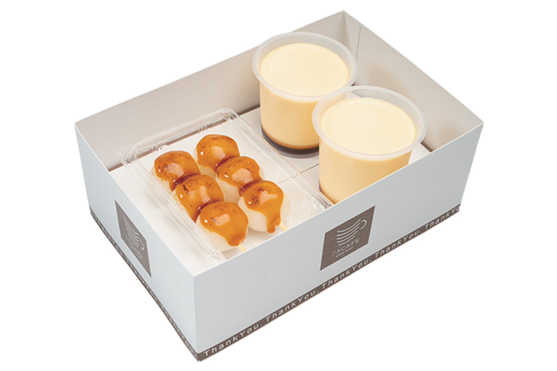 「持ち帰り用 プレミアムプリン&ふわもちみたらし団子（炙り）ペアセット」（1260円～）