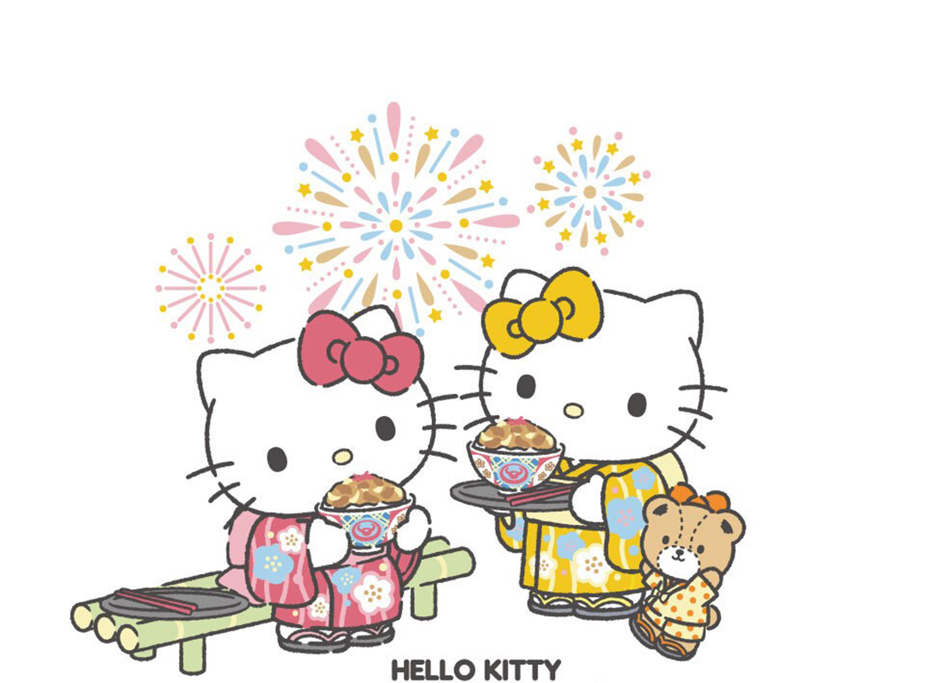 浴衣を着たキティちゃんたちのデザイン