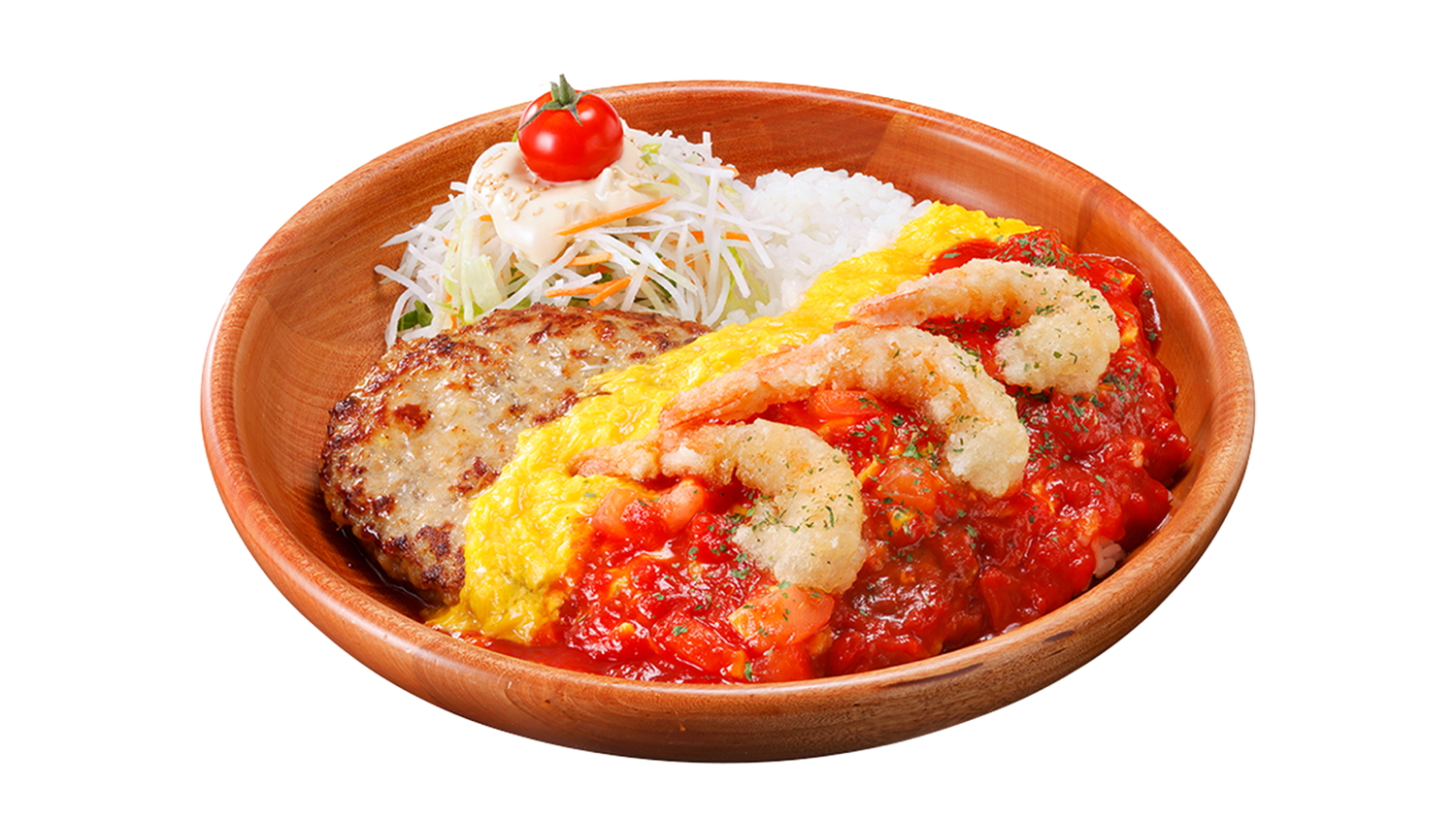 「角切りトマトとシュリンプのオムバーグディッシュ」（S 1700円、M 1880円、L 2180円）