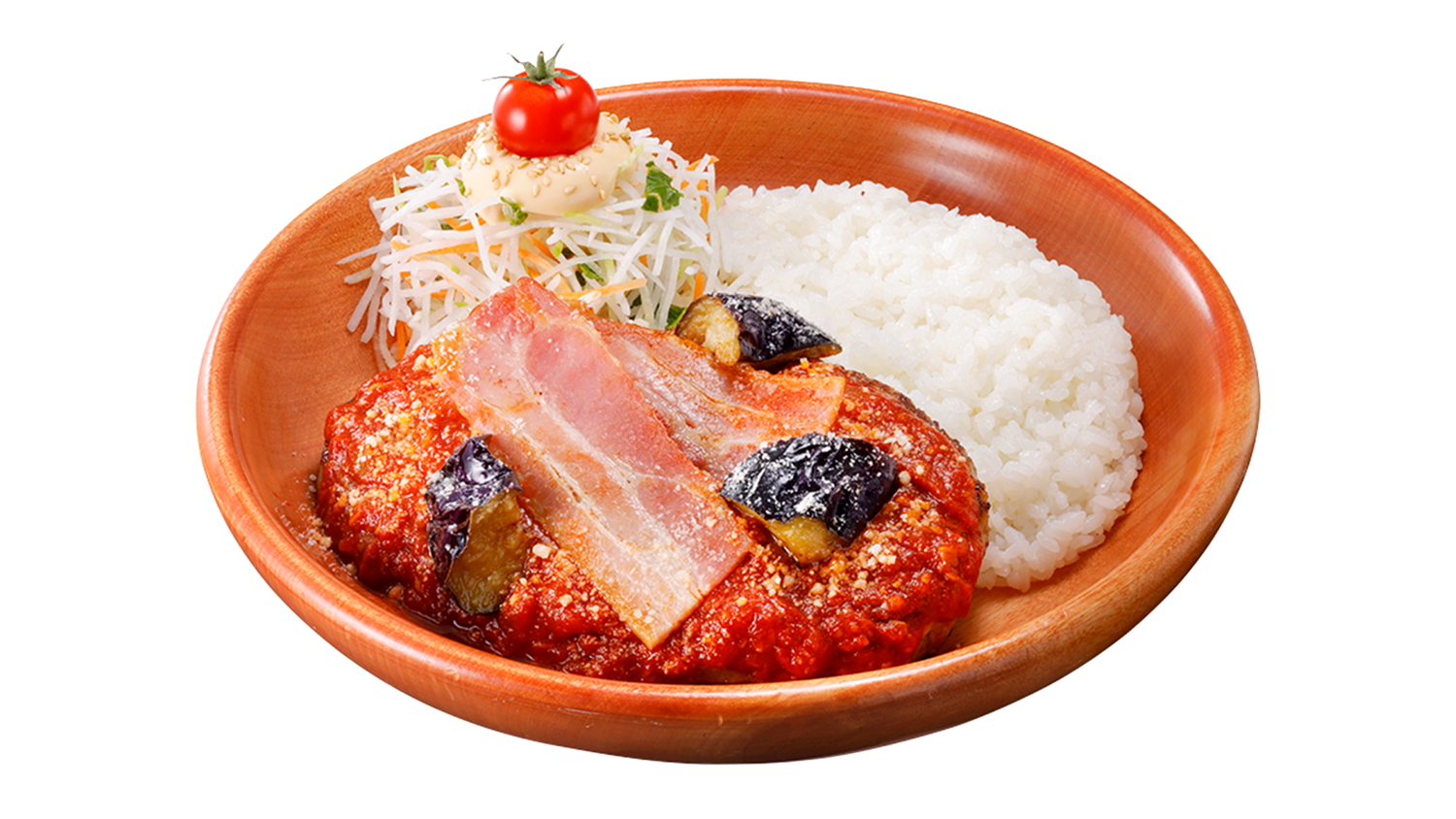 「厚切りベーコンと茄子のアラビアータバーグディッシュ」（S 1500円、M 1680円、L 1980円）