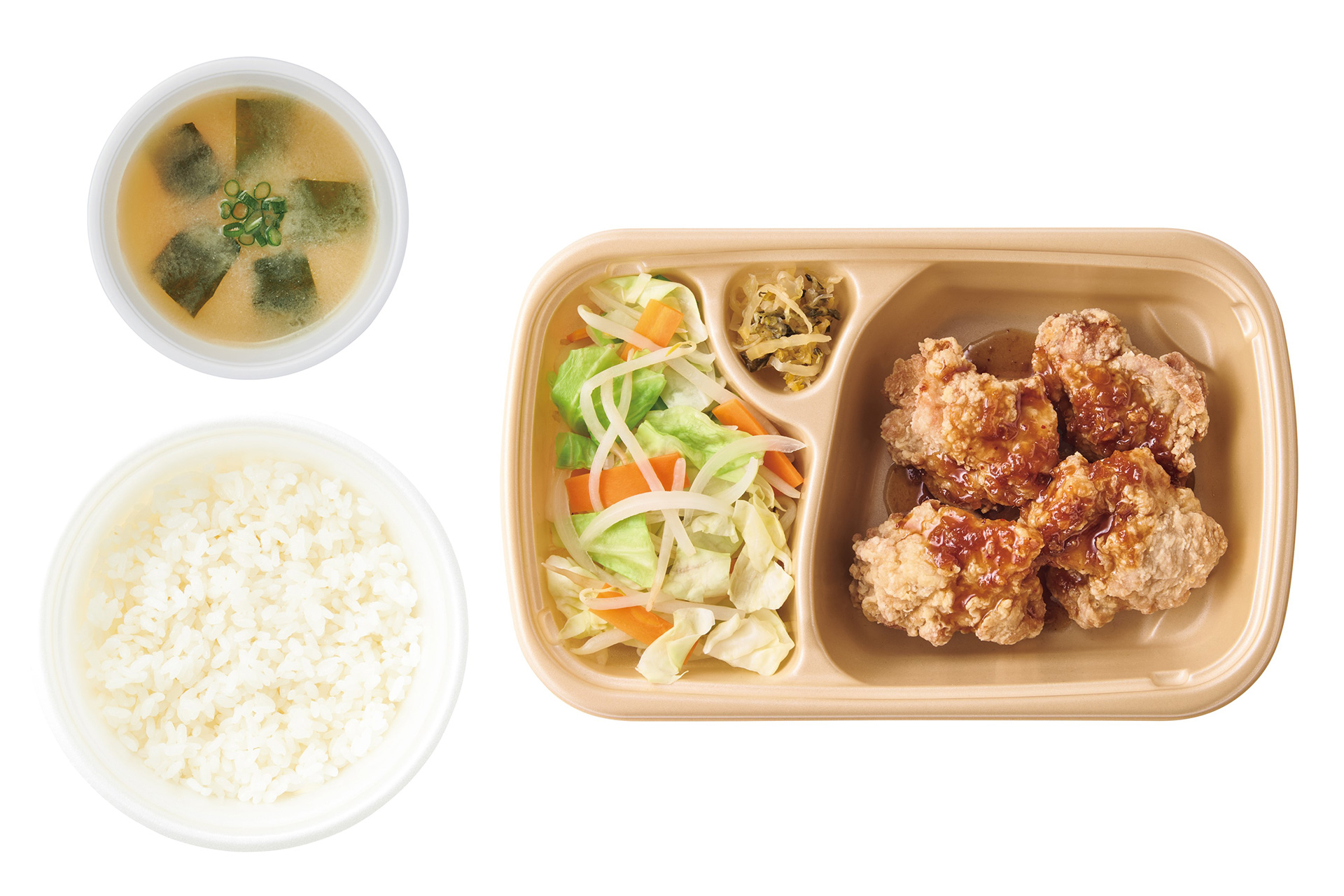 テイクアウト「油淋鶏（4個） ごはん・みそ汁付」（970円）