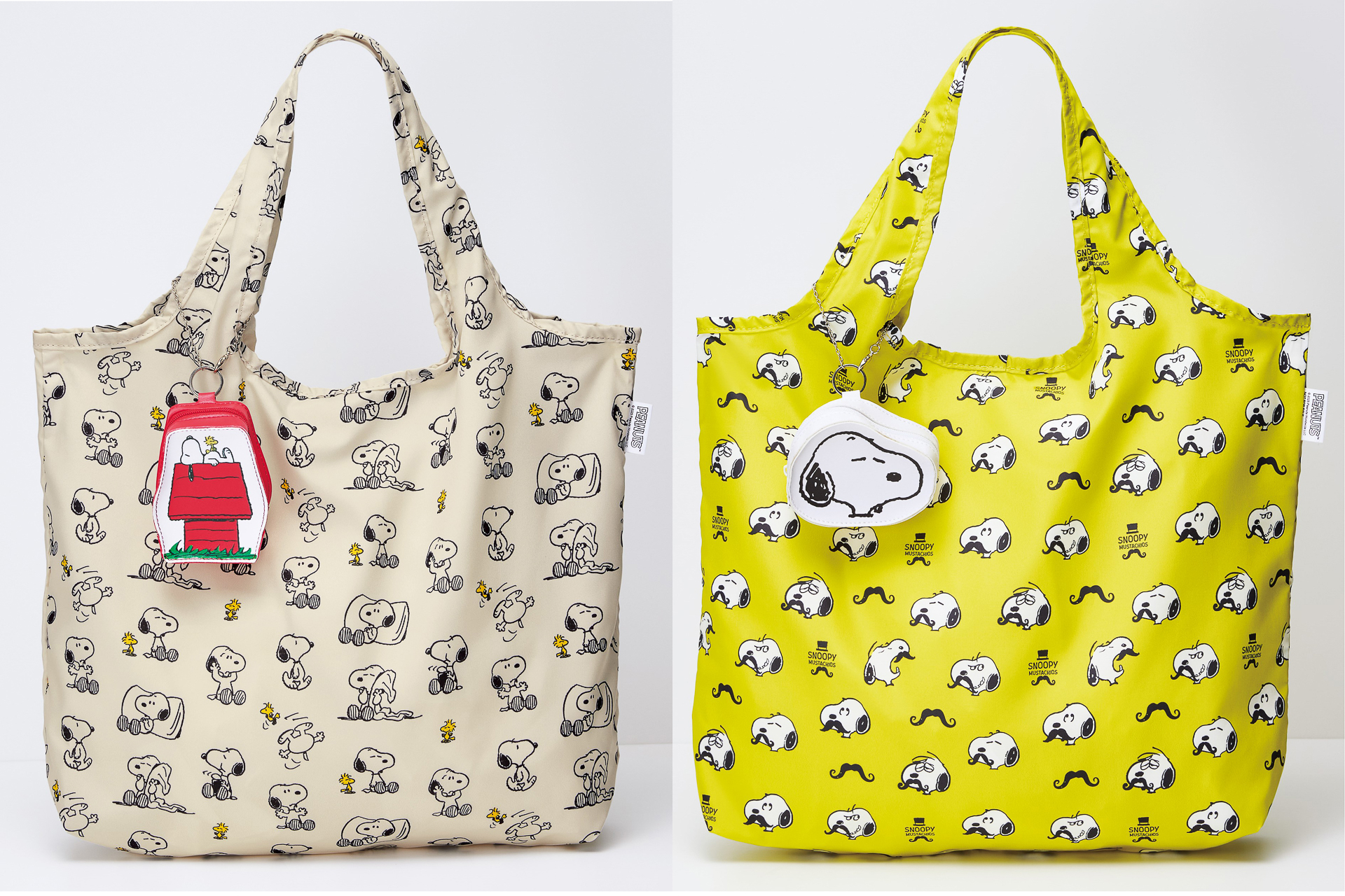 「スヌーピー チャーム付きエコバッグ」ナチュラル（左）とイエロー（右）