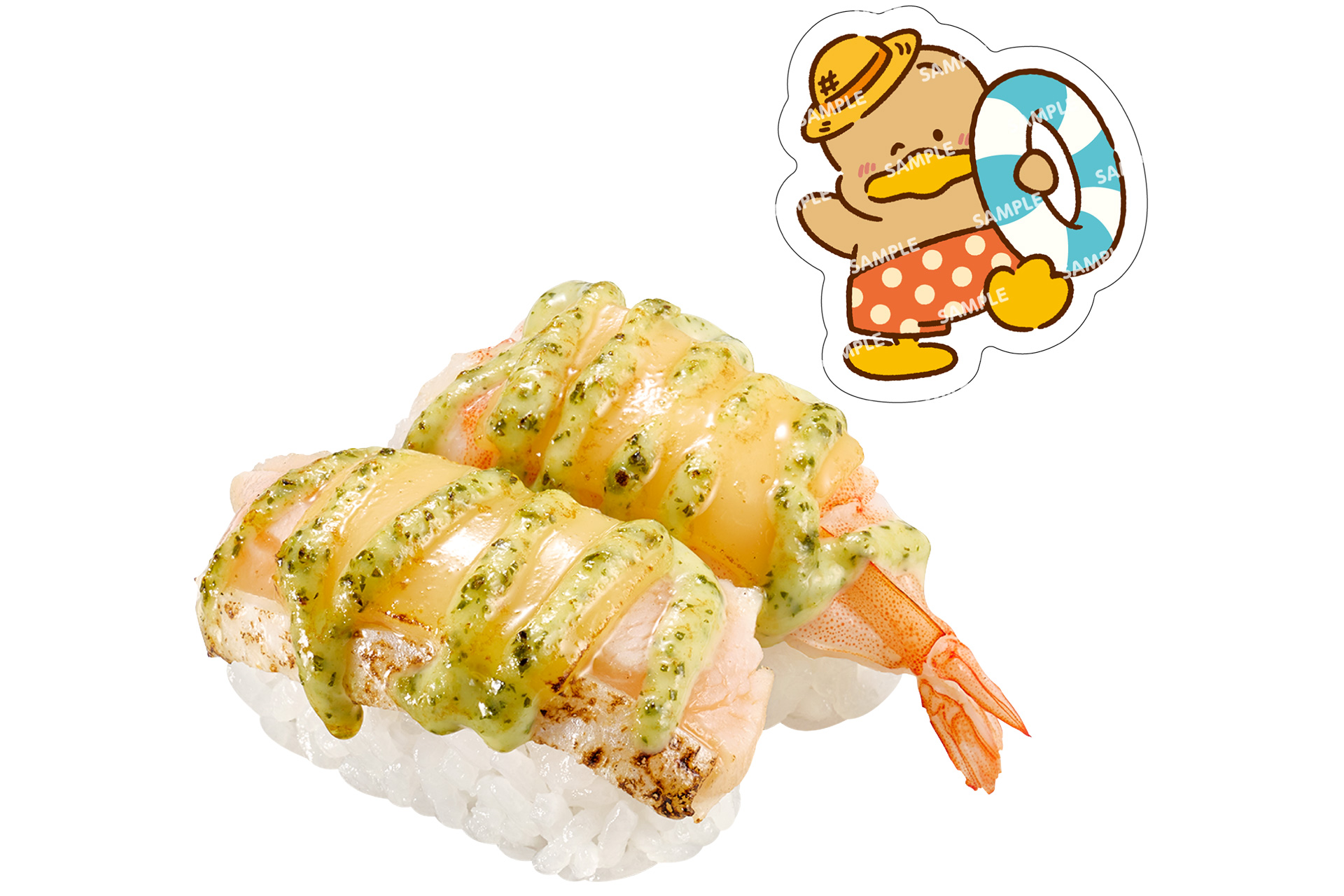 炙りえびバジル・サーモンバジル はぴだんぶいコラボ限定ピック付き（220円～）