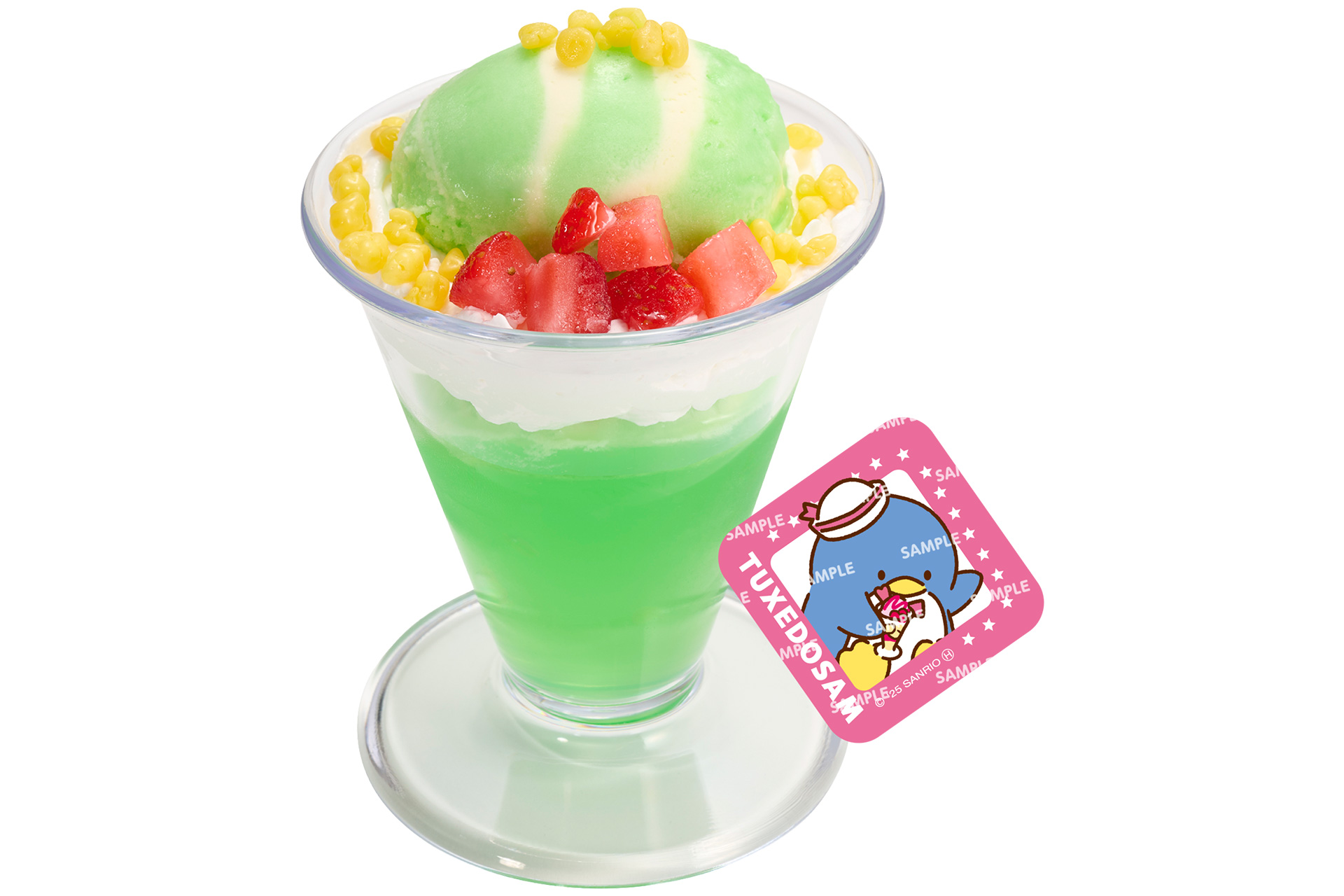 はじけるメロンソーダ風パフェ はぴだんぶいコラボ限定ステッカー付き（360円～）