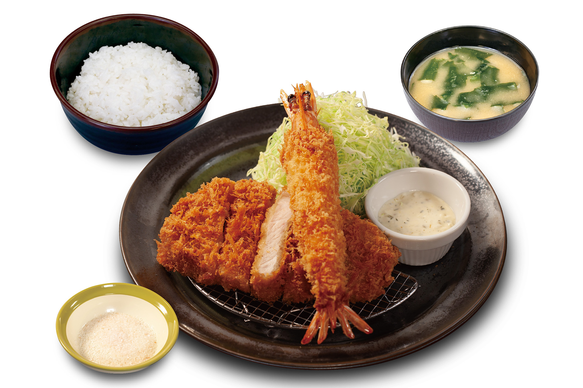 国産 麦小町ロースかつ＆有頭大海老フライ定食（1尾 1560円）