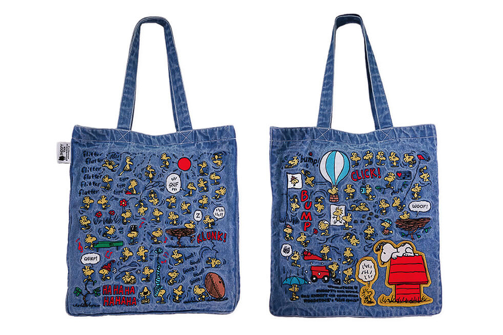 スヌーピーとウッドストックの刺繍デニムビッグバッグ