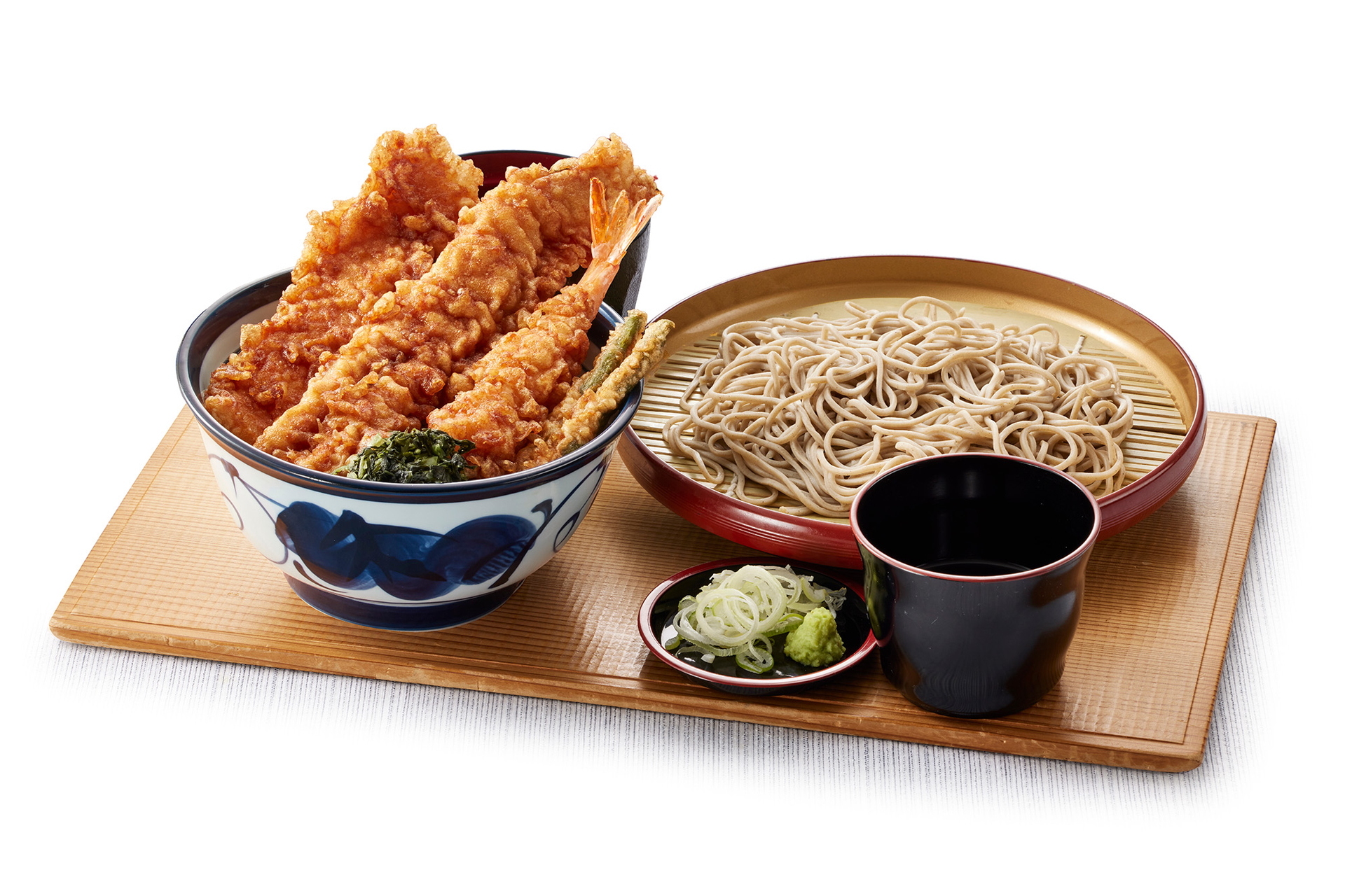 「たれづけ大江戸天丼（小）藪そばサービスセット（みそ汁付）」（1310円）