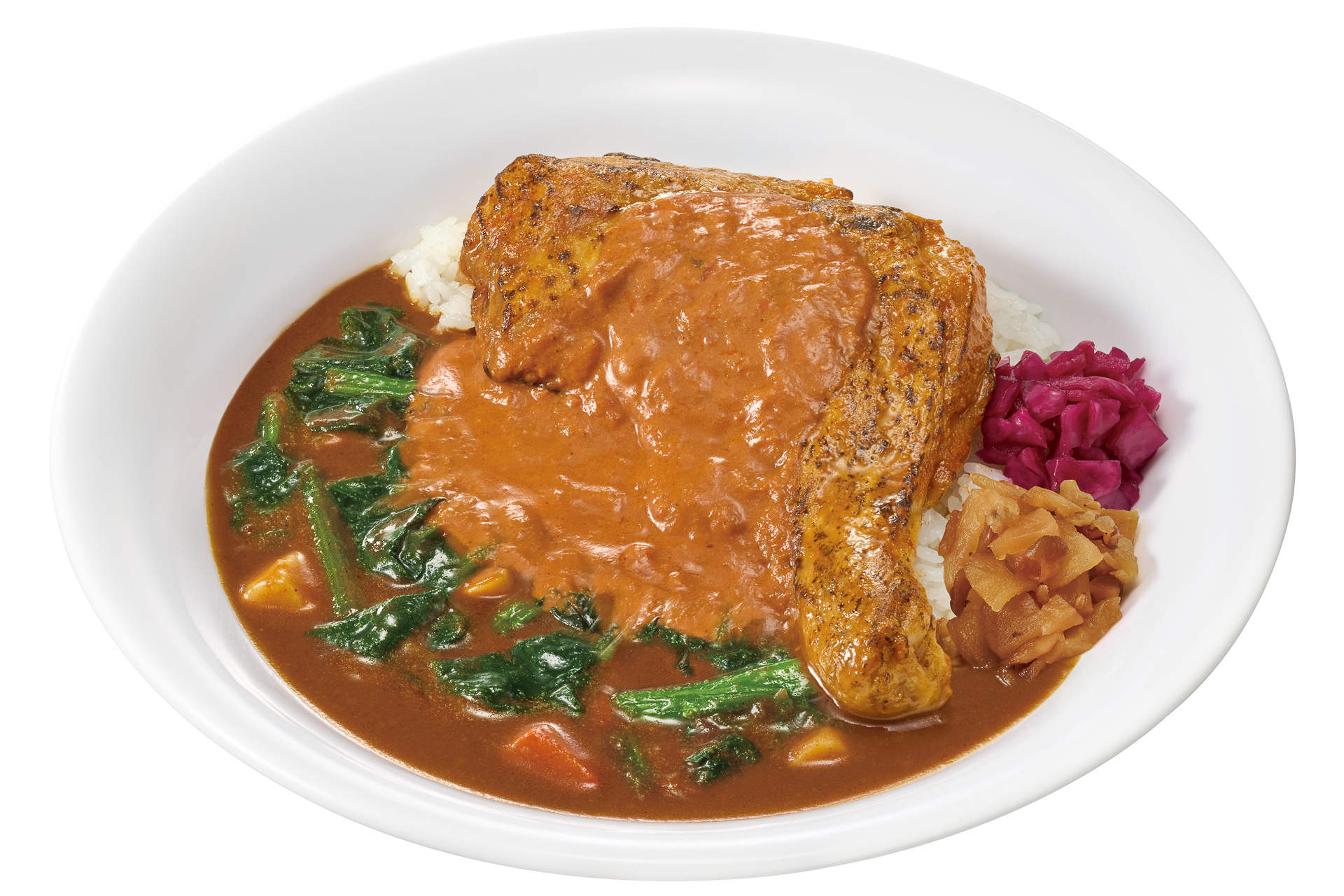 「ほうれん草バターチキンソースカレー」（ミニ 890円、並盛 990円、大盛 1130円、メガ 1390円）