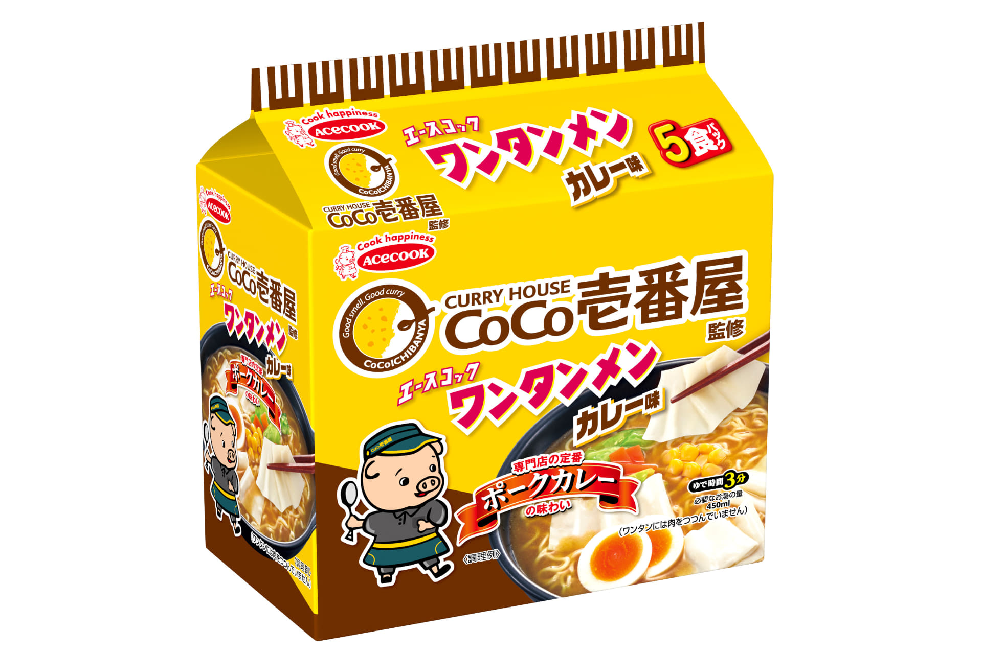 エースコック「（袋）ワンタンメン CoCo壱番屋監修 カレー味 5食パック」